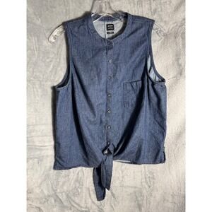 Prana Sunrise Peak Top Washed Blue Sleeveless Tie Front Denim Shirt Womens 
L